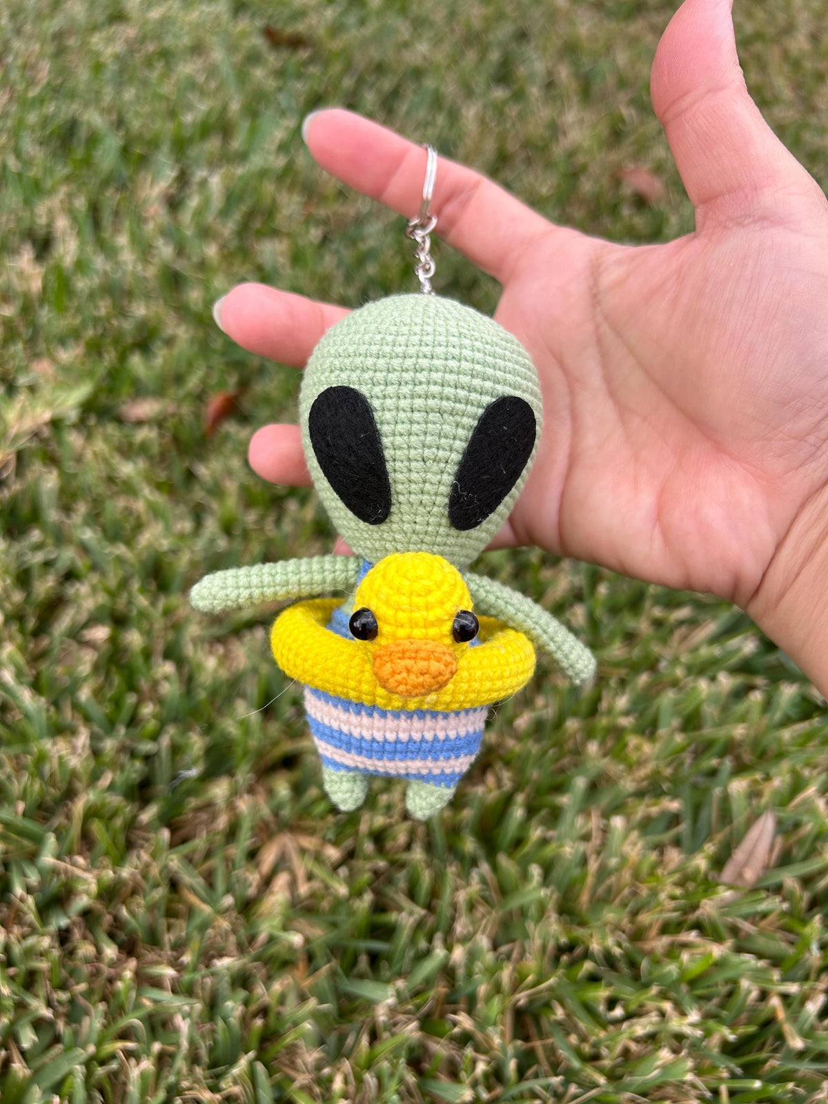 Handmade Crochet Alien Keychain: Baby Yarn, Backpack Charm