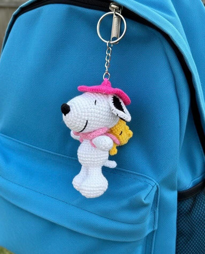 Crochet Snoopy Keychain: Soft Baby Yarn, Party Hat