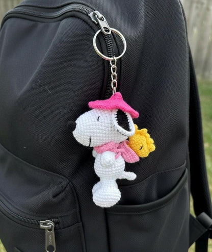 Crochet Snoopy Keychain: Soft Baby Yarn, Party Hat