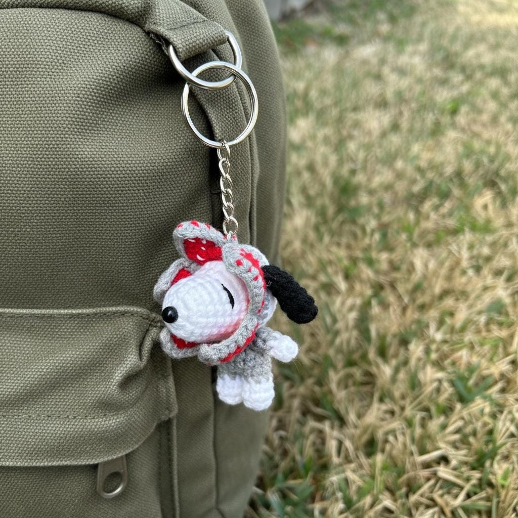 Crochet Snoopy Keychain: Soft Baby Yarn, Party Hat