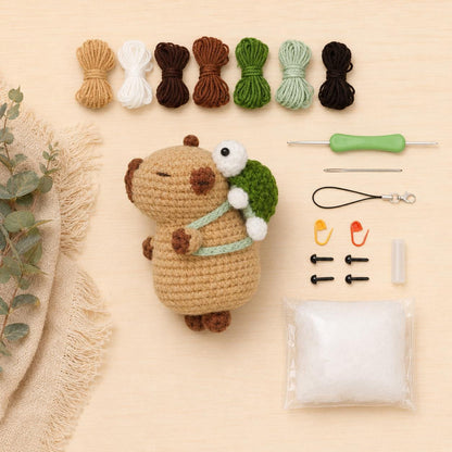 Crochet Capybara Kit With Turtle Backpack | Amigurumi Craft Project, Beginner Friendly
