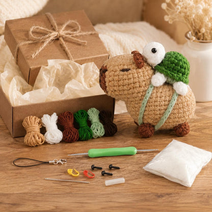 Crochet Capybara Kit With Turtle Backpack | Amigurumi Craft Project, Beginner Friendly