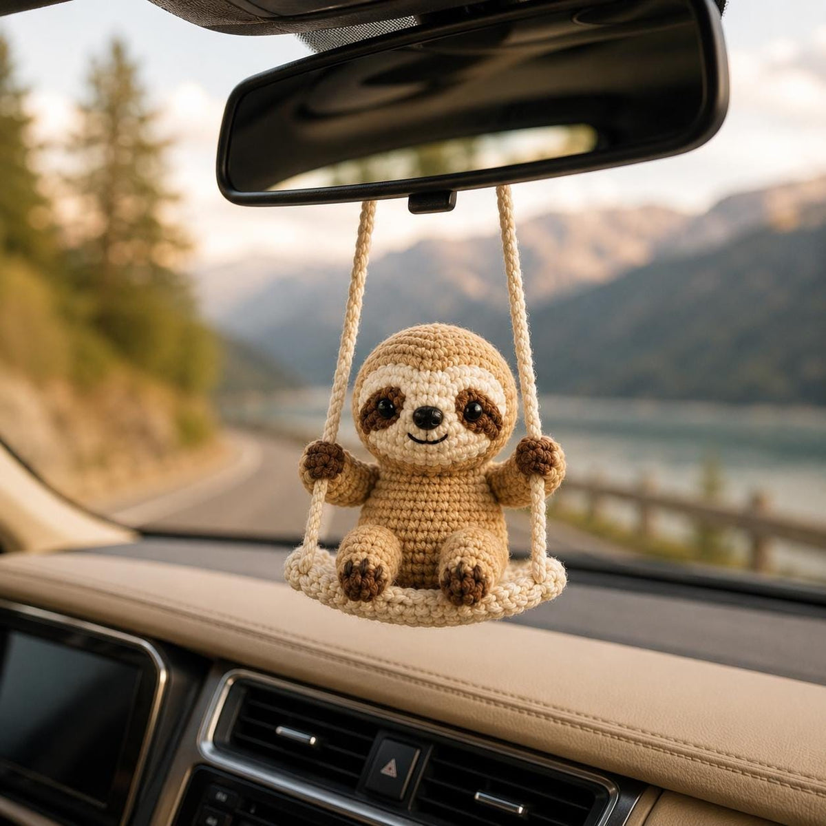 Crochet Sloth Car Charm, Amigurumi Animal Rearview Mirror Decor, Hanging Ornament