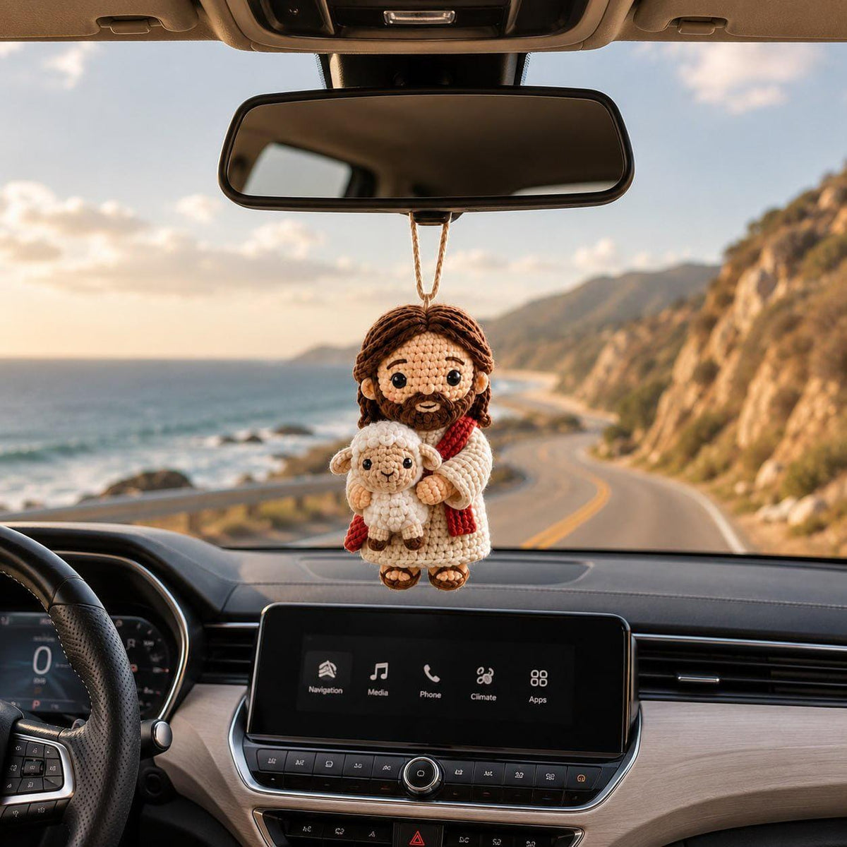 Crochet Jesus with Lamb Car Charm, Handmade Christian Rearview Ornament
