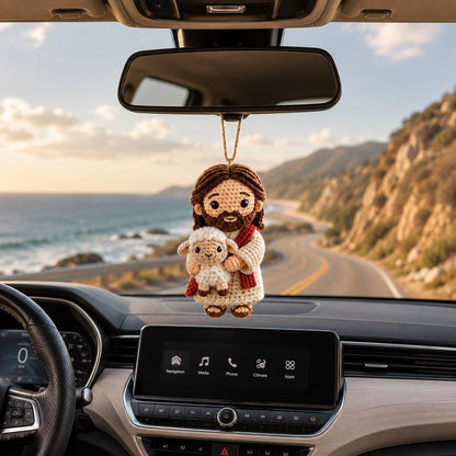 Crochet Jesus with Lamb Car Charm, Handmade Christian Rearview Ornament