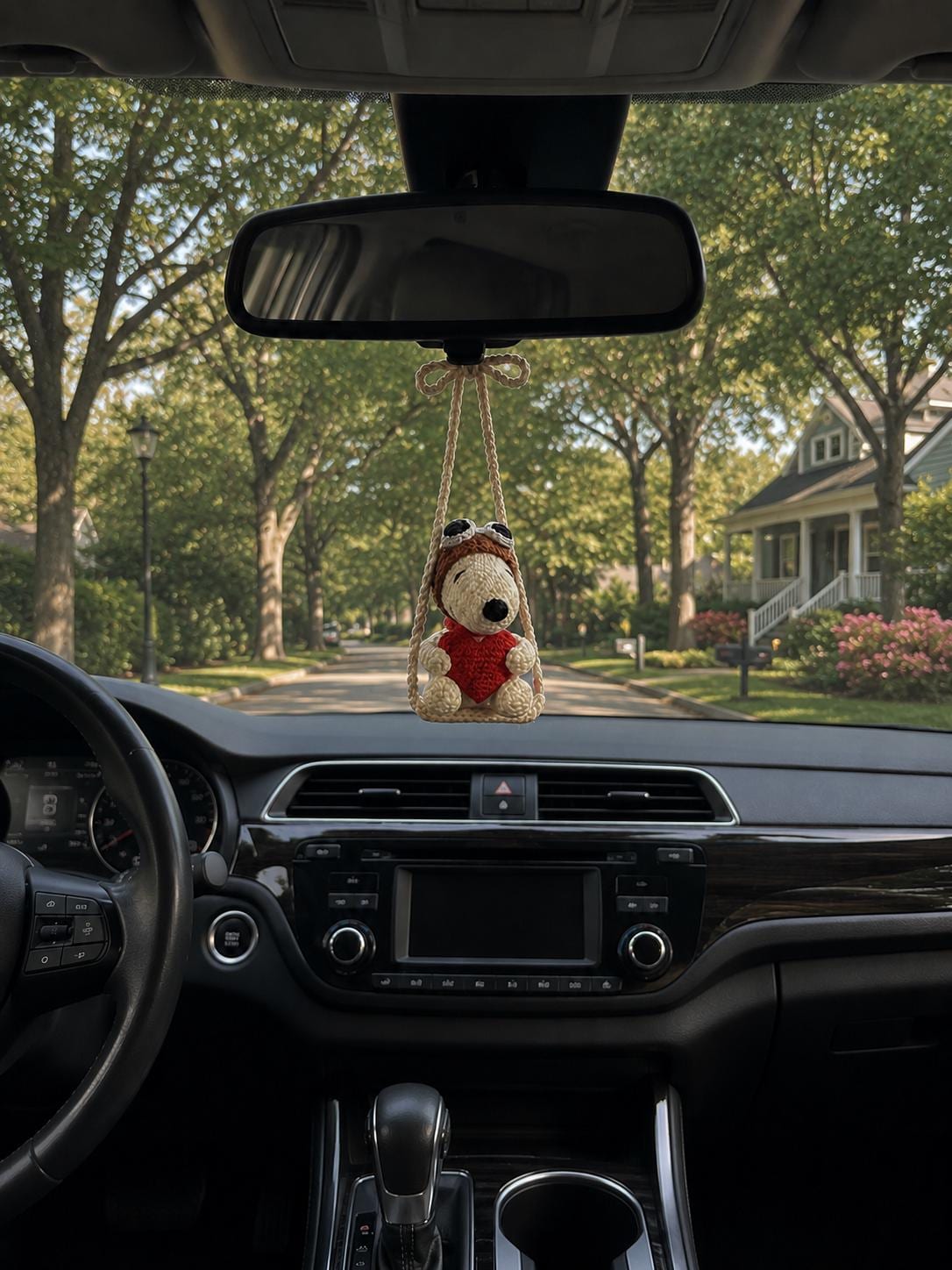 Crocheted Snoopy Car Charm, Amigurumi Dog Mirror Accessory, Heart Detail, Car Decor