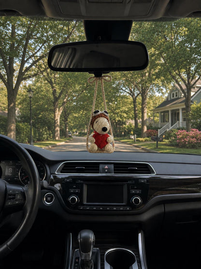 Crocheted Snoopy Car Charm, Amigurumi Dog Mirror Accessory, Heart Detail, Car Decor