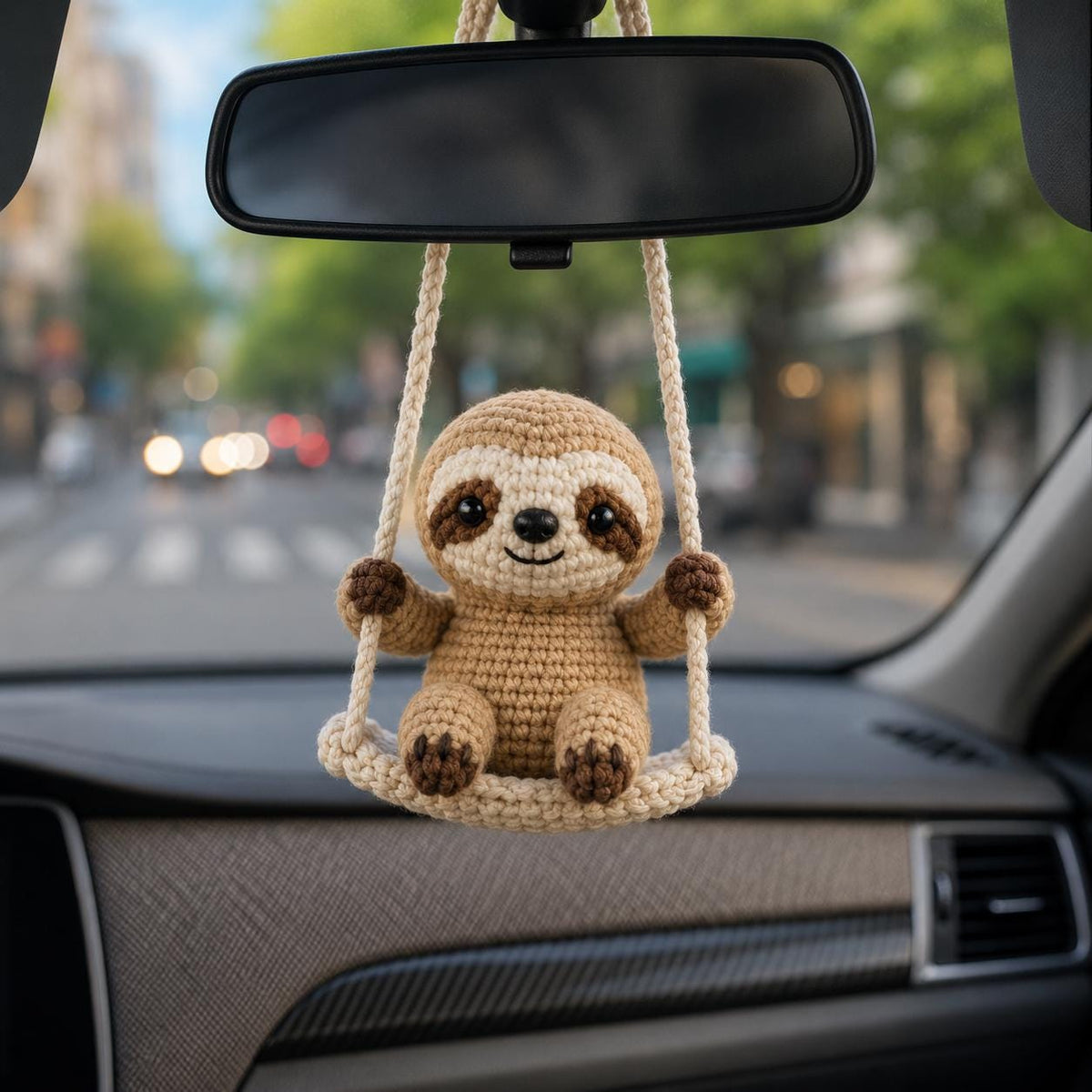 Crochet Sloth Car Charm, Amigurumi Animal Rearview Mirror Decor, Hanging Ornament