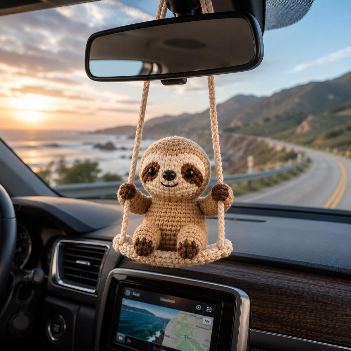 Crochet Sloth Car Charm, Amigurumi Animal Rearview Mirror Decor, Hanging Ornament
