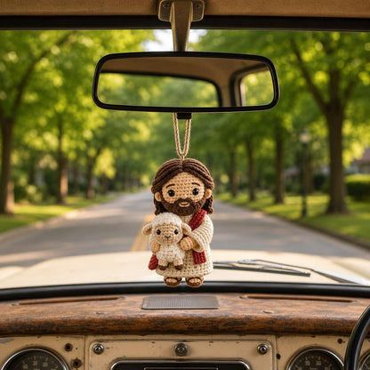Crochet Jesus with Lamb Car Charm, Handmade Christian Rearview Ornament