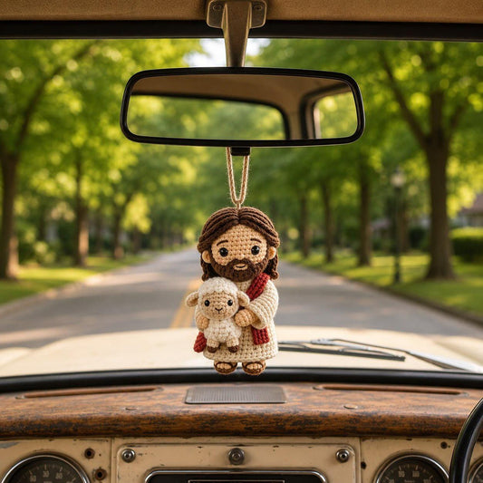 Crochet Jesus with Lamb Car Charm, Handmade Christian Rearview Ornament
