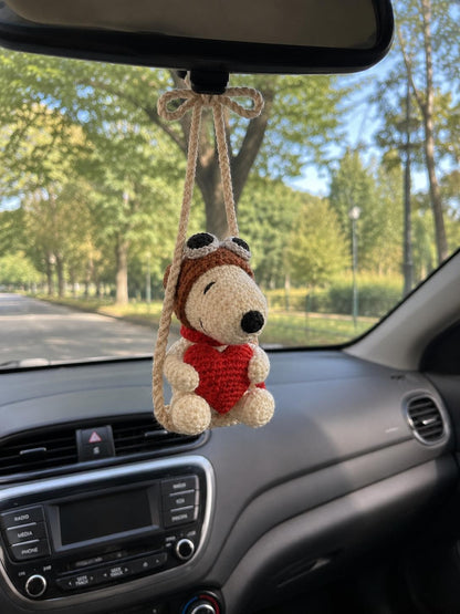 Crocheted Snoopy Car Charm, Amigurumi Dog Mirror Accessory, Heart Detail, Car Decor