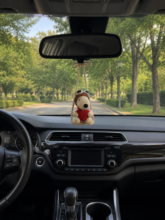 Crocheted Snoopy Car Charm, Amigurumi Dog Mirror Accessory, Heart Detail, Car Decor
