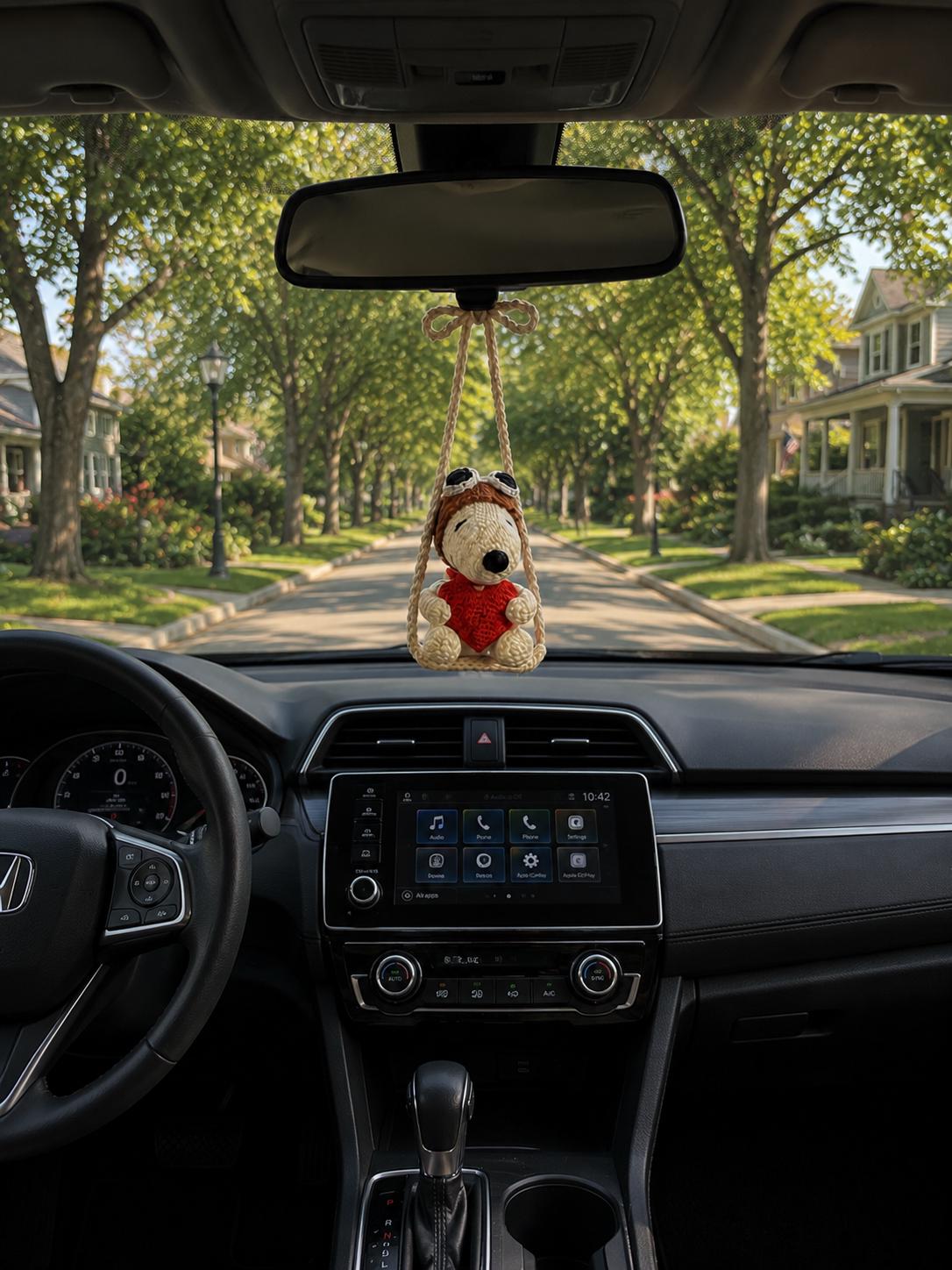 Crocheted Snoopy Car Charm, Amigurumi Dog Mirror Accessory, Heart Detail, Car Decor