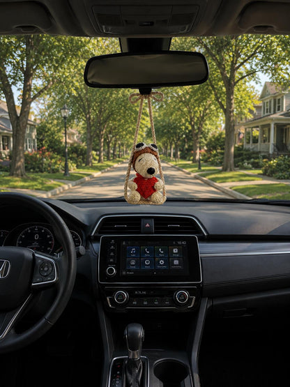 Crocheted Snoopy Car Charm, Amigurumi Dog Mirror Accessory, Heart Detail, Car Decor