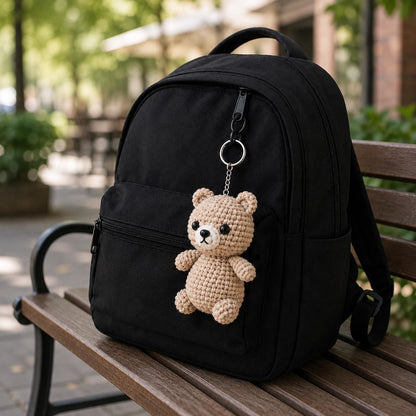 Beige Crochet Teddy Bear Keychain, Amigurumi Bag Charm, Kawaii Plush Backpack Accessory