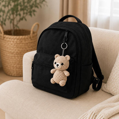 Beige Crochet Teddy Bear Keychain, Amigurumi Bag Charm, Kawaii Plush Backpack Accessory