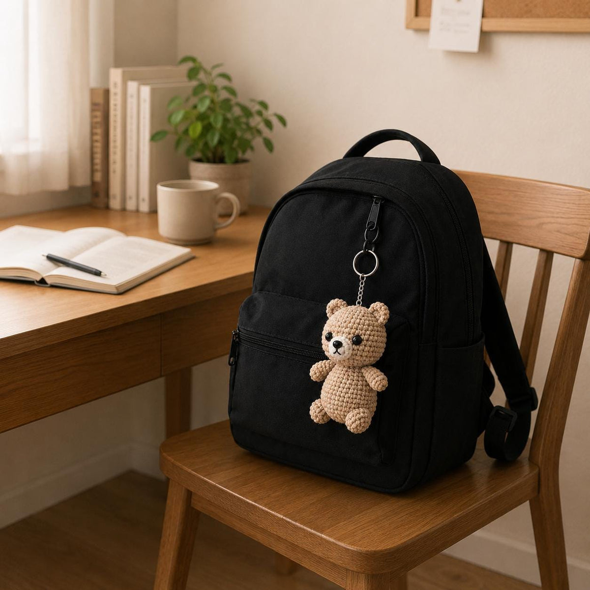 Beige Crochet Teddy Bear Keychain, Amigurumi Bag Charm, Kawaii Plush Backpack Accessory