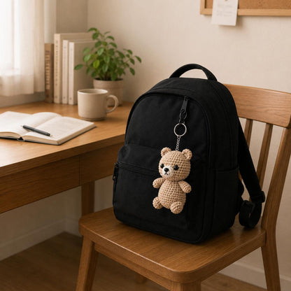 Beige Crochet Teddy Bear Keychain, Amigurumi Bag Charm, Kawaii Plush Backpack Accessory