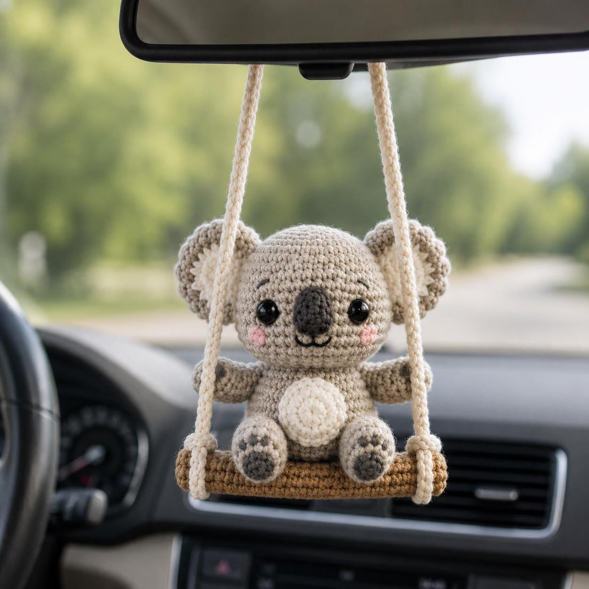 Cute Crochet Koala Swing Car Charm, Handmade Amigurumi Koala Rear View Mirror Ornament, Mini Plush Bag Charm, Kawaii Car Decor