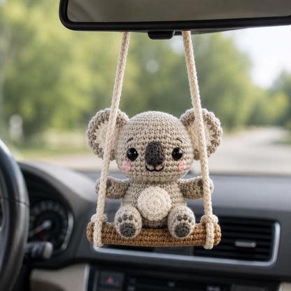 Cute Crochet Koala Swing Car Charm, Handmade Amigurumi Koala Rear View Mirror Ornament, Mini Plush Bag Charm, Kawaii Car Decor