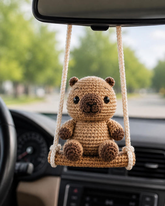 Crochet Bear Swing Car Charm, Handmade Amigurumi Hanger, Cozy Bag Accessory