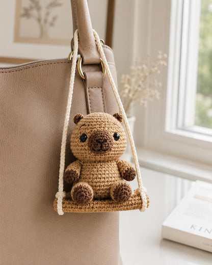 Crochet Bear Swing Car Charm, Handmade Amigurumi Hanger, Cozy Bag Accessory