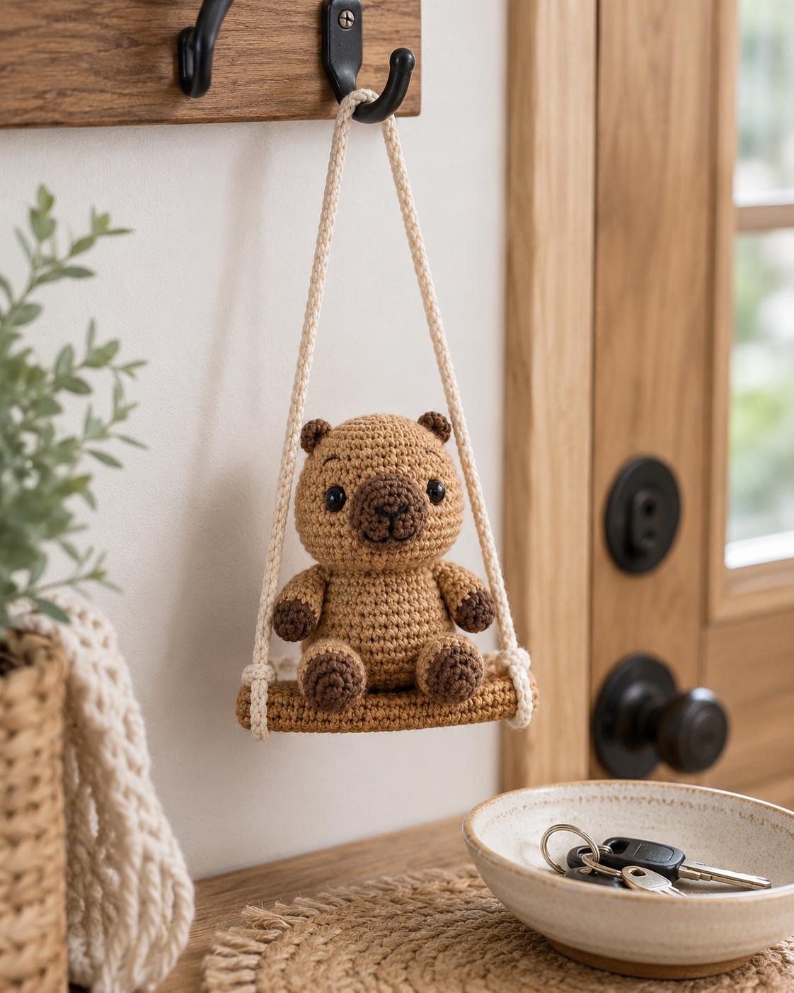 Crochet Bear Swing Car Charm, Handmade Amigurumi Hanger, Cozy Bag Accessory