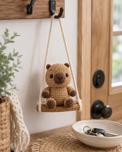 Crochet Bear Swing Car Charm, Handmade Amigurumi Hanger, Cozy Bag Accessory