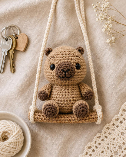 Crochet Bear Swing Car Charm, Handmade Amigurumi Hanger, Cozy Bag Accessory