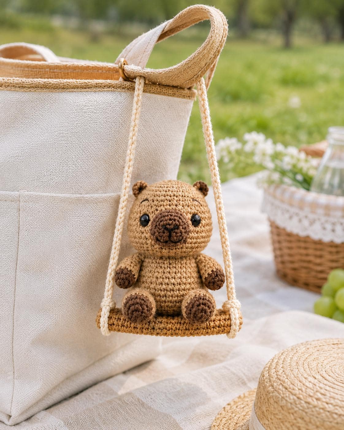 Crochet Bear Swing Car Charm, Handmade Amigurumi Hanger, Cozy Bag Accessory