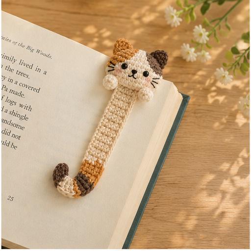 Crochet Calico Cat Bookmark, Handmade Page Marker, Cozy Reading Accessory