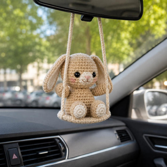 Crochet Bunny Car Charm, Cute Rabbit Rearview Mirror Hanger, Handmade Bunny Swing Car Decor, Gift for Driver