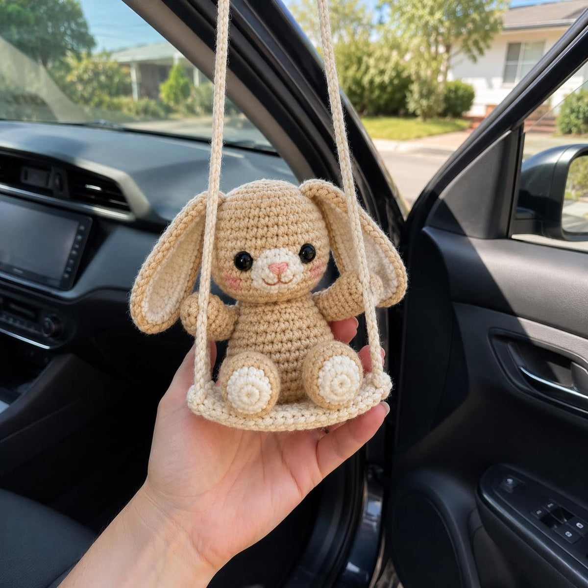 Crochet Bunny Car Charm, Cute Rabbit Rearview Mirror Hanger, Handmade Bunny Swing Car Decor, Gift for Driver