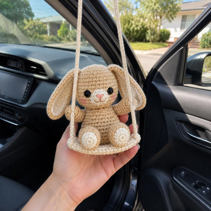 Crochet Bunny Car Charm, Cute Rabbit Rearview Mirror Hanger, Handmade Bunny Swing Car Decor, Gift for Driver