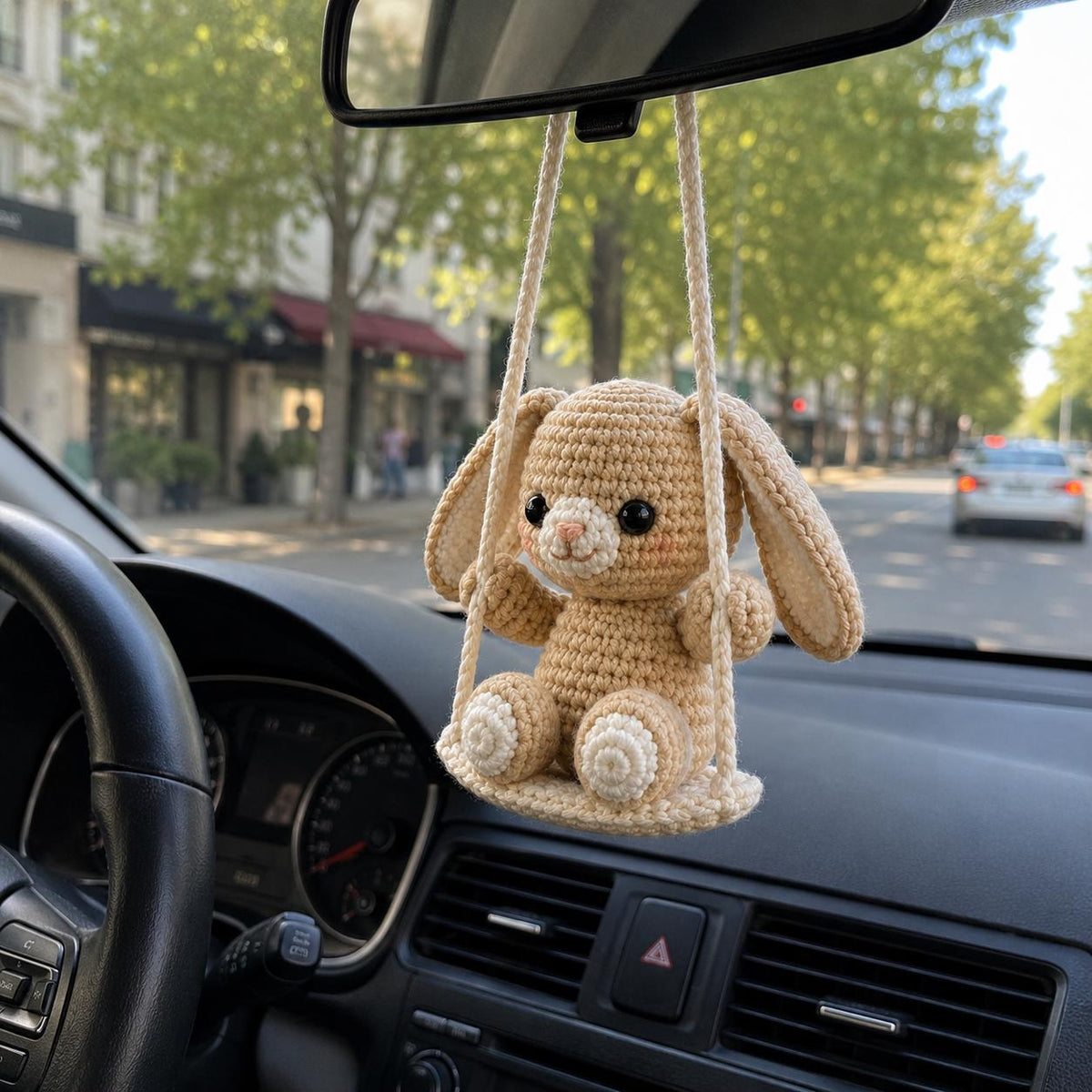 Crochet Bunny Car Charm, Cute Rabbit Rearview Mirror Hanger, Handmade Bunny Swing Car Decor, Gift for Driver