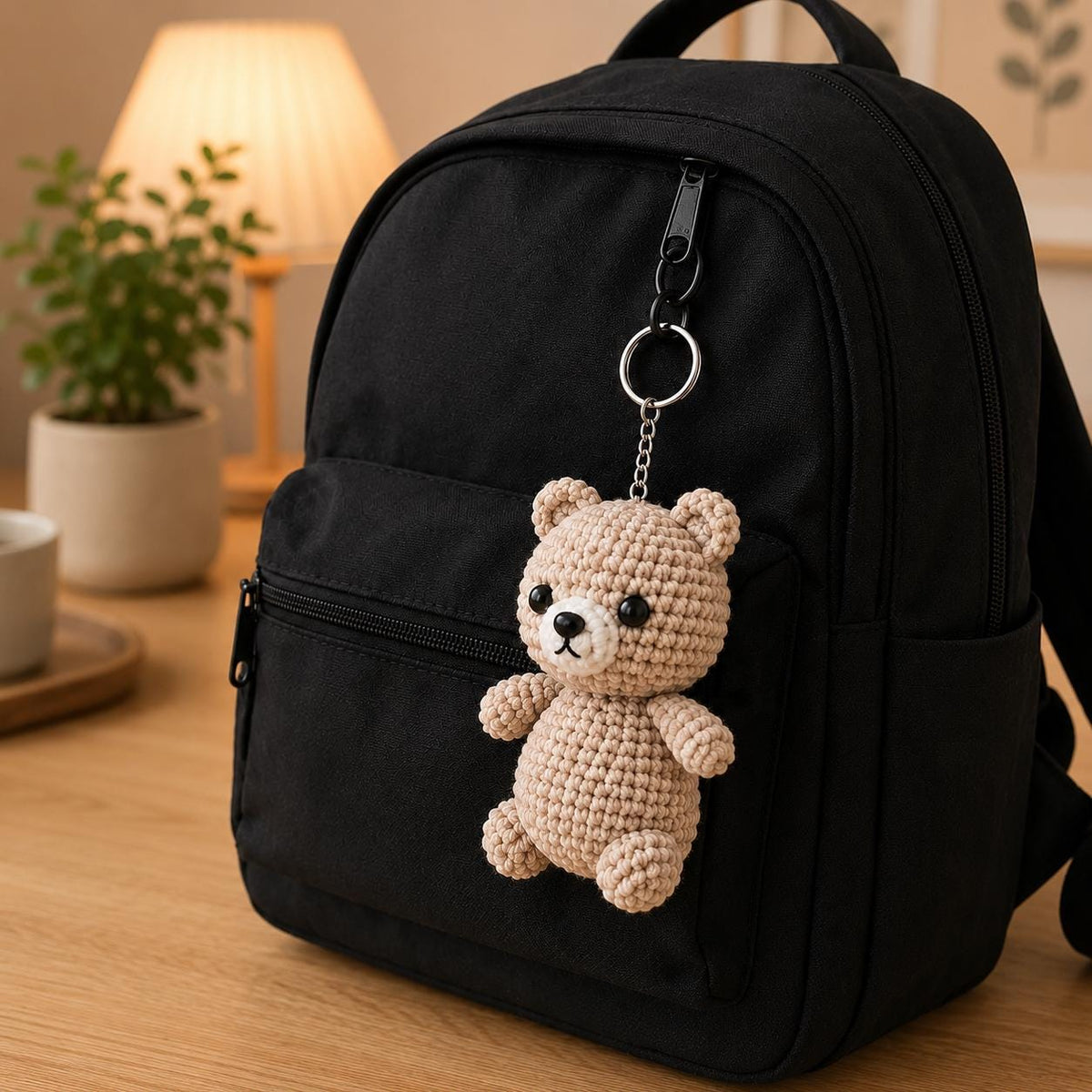 Beige Crochet Teddy Bear Keychain, Amigurumi Bag Charm, Kawaii Plush Backpack Accessory