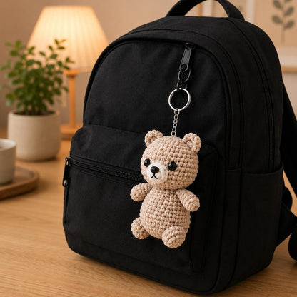 Beige Crochet Teddy Bear Keychain, Amigurumi Bag Charm, Kawaii Plush Backpack Accessory