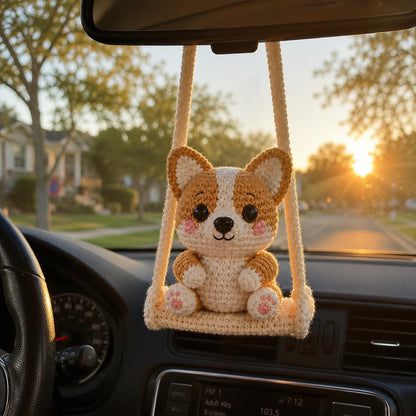 Crochet Corgi Car Charm, Cute Rearview Mirror Ornament, Handmade Amigurumi Dog on Swing, Corgi Lover Gift, Car Hanging Decor
