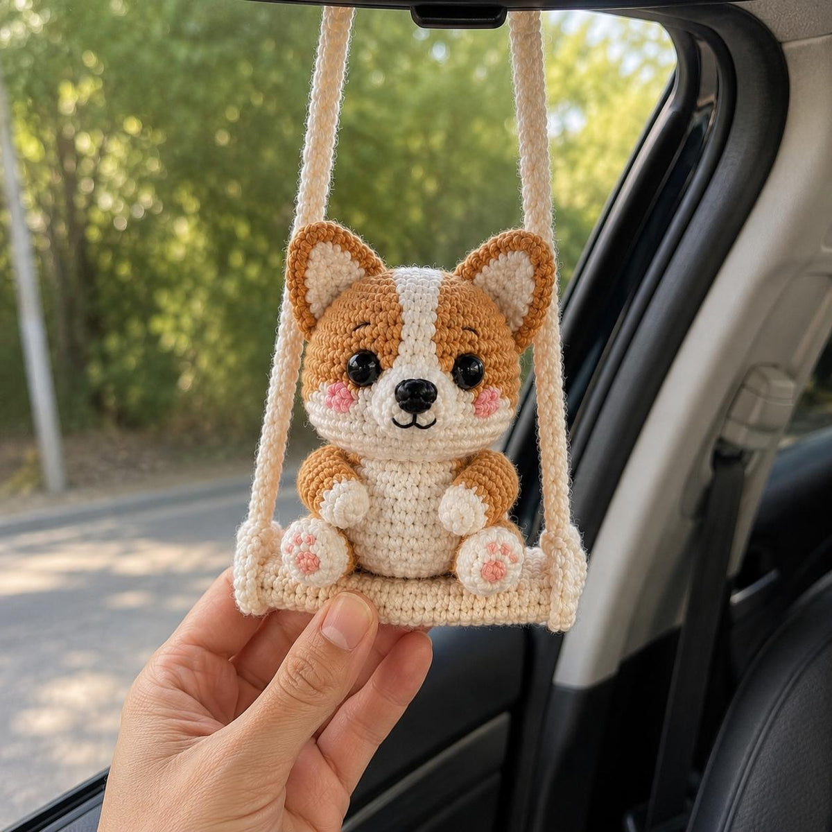 Crochet Corgi Car Charm, Cute Rearview Mirror Ornament, Handmade Amigurumi Dog on Swing, Corgi Lover Gift, Car Hanging Decor