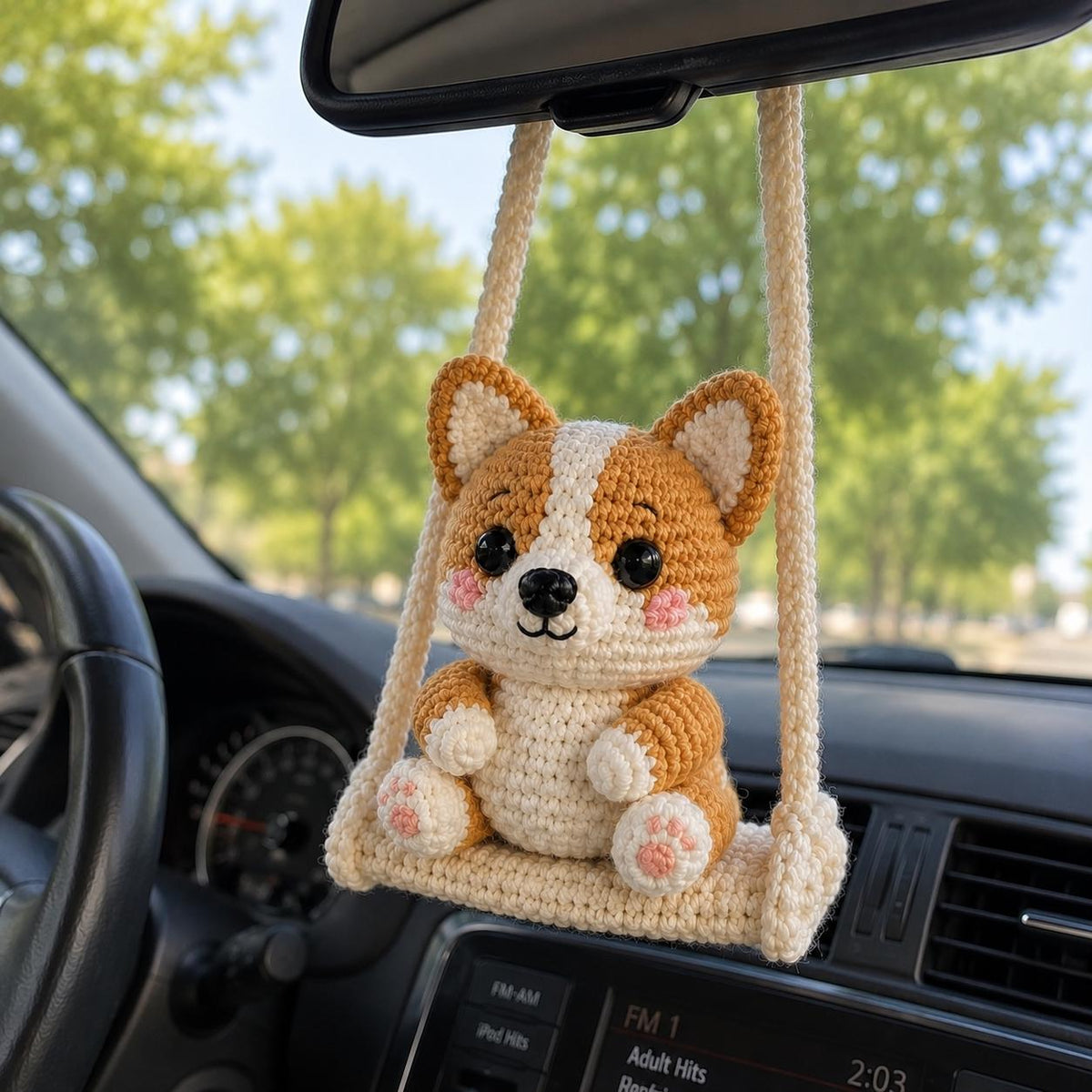 Crochet Corgi Car Charm, Cute Rearview Mirror Ornament, Handmade Amigurumi Dog on Swing, Corgi Lover Gift, Car Hanging Decor