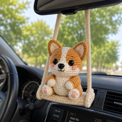Crochet Corgi Car Charm, Cute Rearview Mirror Ornament, Handmade Amigurumi Dog on Swing, Corgi Lover Gift, Car Hanging Decor