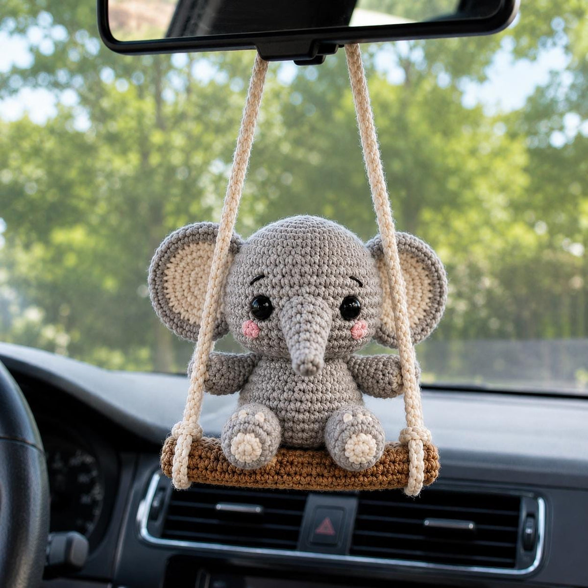 Crochet Elephant Car Charm, Handmade Amigurumi Elephant on Swing, Rearview Mirror Ornament, Cute Car Accessory, Elephant Lover Gift