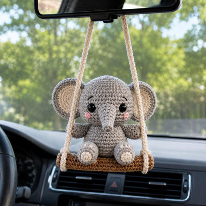Crochet Elephant Car Charm, Handmade Amigurumi Elephant on Swing, Rearview Mirror Ornament, Cute Car Accessory, Elephant Lover Gift