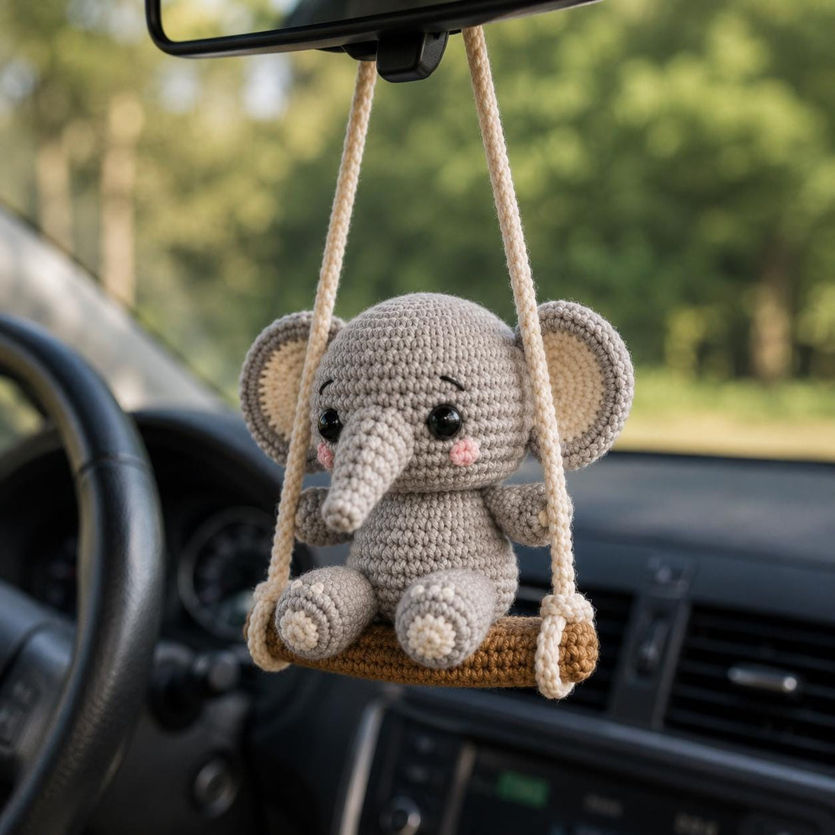 Crochet Elephant Car Charm, Handmade Amigurumi Elephant on Swing, Rearview Mirror Ornament, Cute Car Accessory, Elephant Lover Gift
