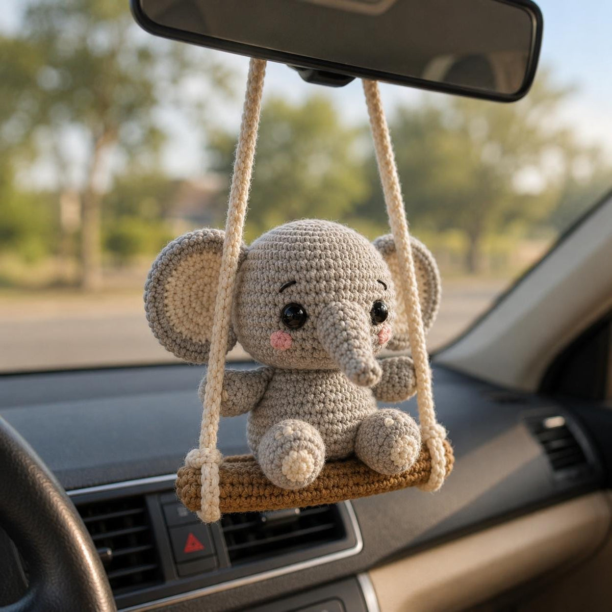 Crochet Elephant Car Charm, Handmade Amigurumi Elephant on Swing, Rearview Mirror Ornament, Cute Car Accessory, Elephant Lover Gift