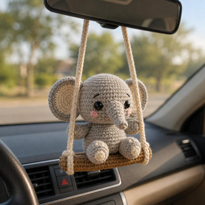 Crochet Elephant Car Charm, Handmade Amigurumi Elephant on Swing, Rearview Mirror Ornament, Cute Car Accessory, Elephant Lover Gift