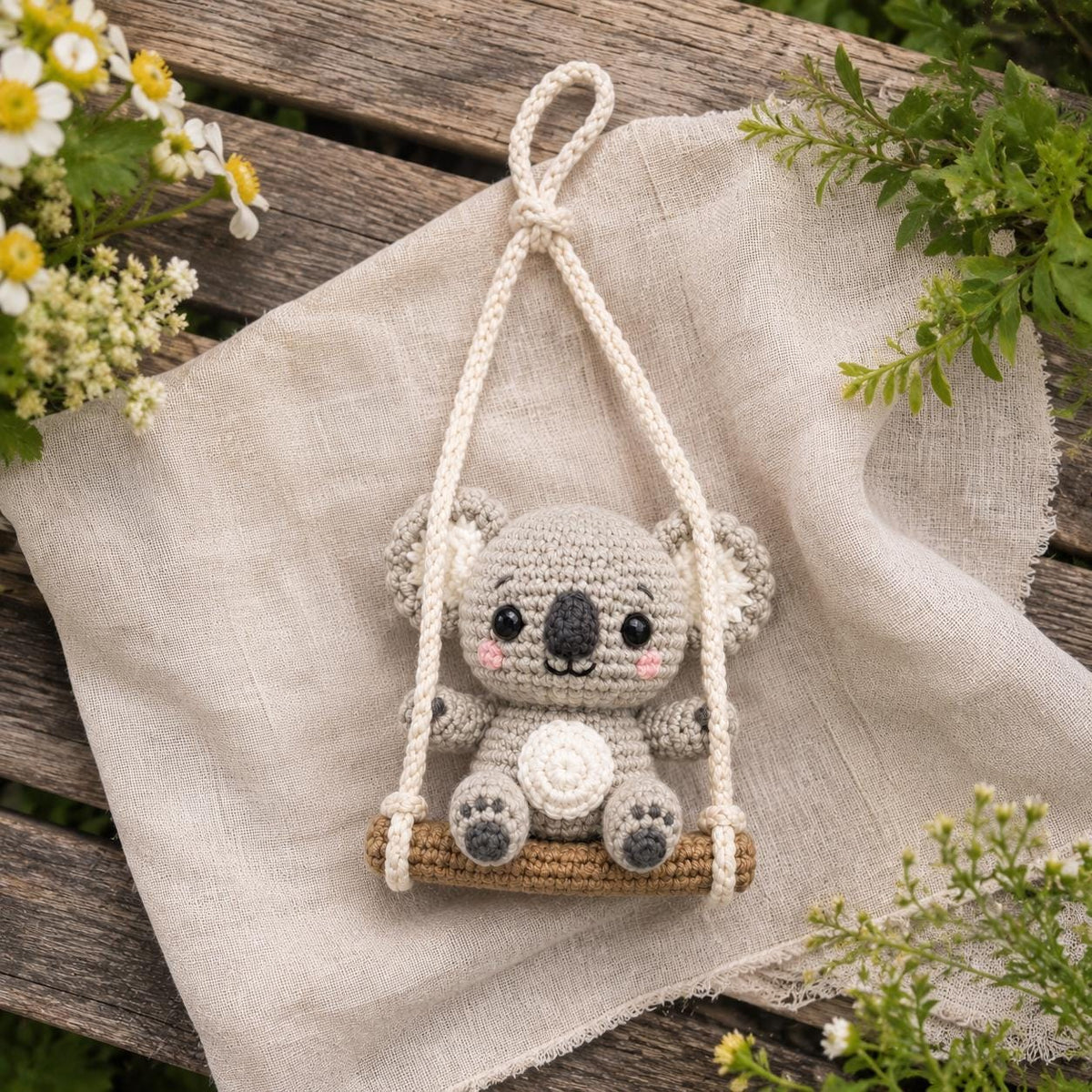 Cute Crochet Koala Swing Car Charm, Handmade Amigurumi Koala Rear View Mirror Ornament, Mini Plush Bag Charm, Kawaii Car Decor