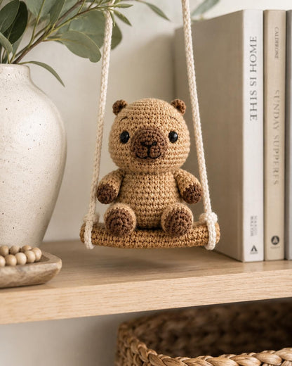 Crochet Bear Swing Car Charm, Handmade Amigurumi Hanger, Cozy Bag Accessory