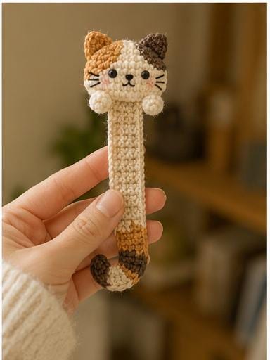 Crochet Calico Cat Bookmark, Handmade Page Marker, Cozy Reading Accessory